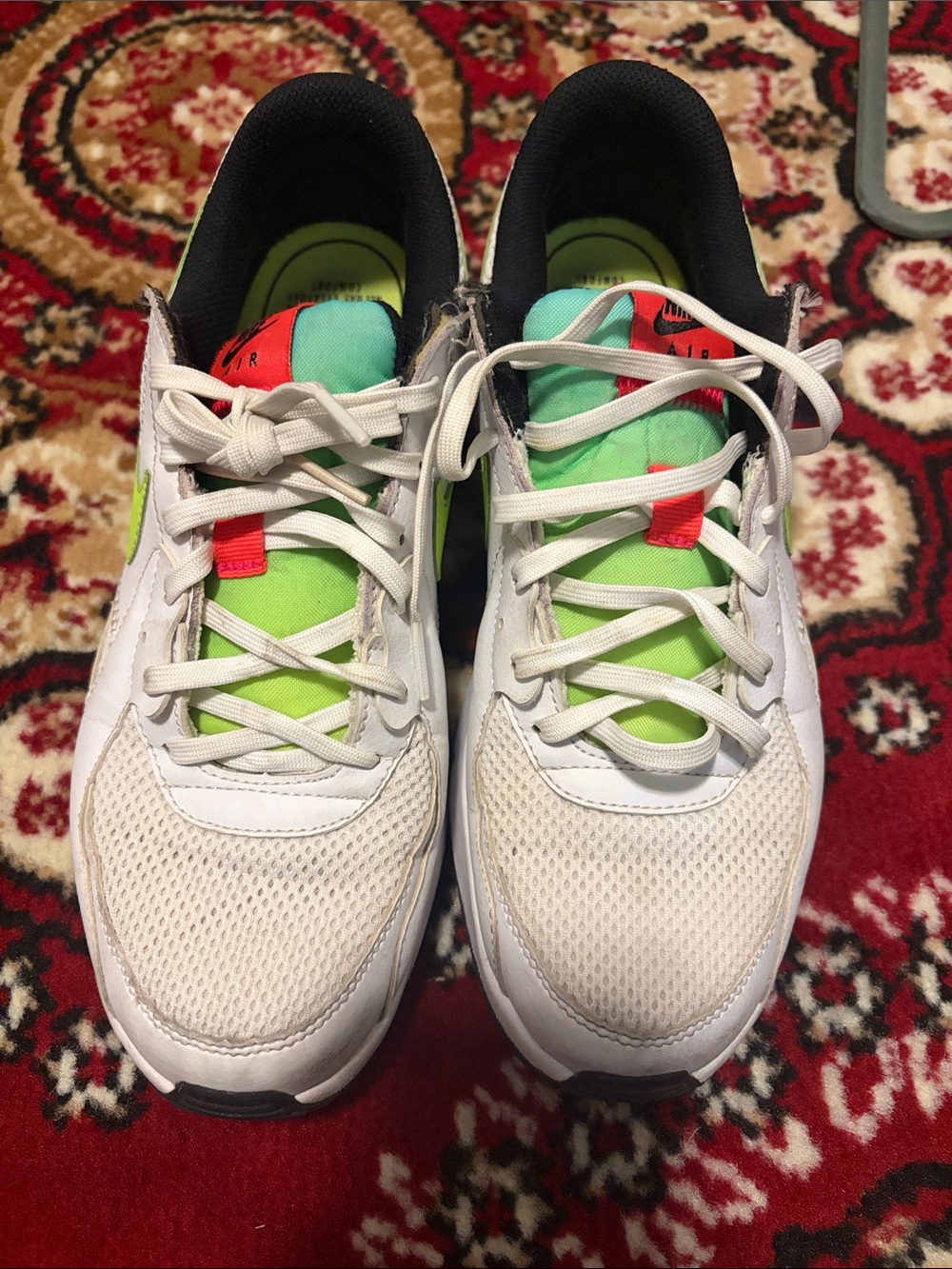 Nike White Mesh Sneakers with Neon Green and Coral Accents